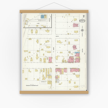 Old map wall art mockup — magnetic wood frame on white wall — Sanborn Fire Insurance Map from Augusta, Hancock County, Illinois (1912), Sheet #0002