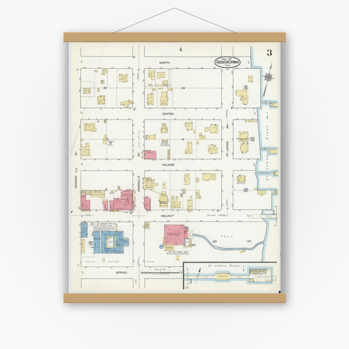 Old map wall art mockup — magnetic wood frame on white wall — Sanborn Fire Insurance Map from Green Cove Springs, Clay County, Florida (1917), Sheet #0003