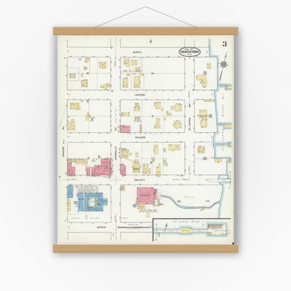 Old map wall art mockup — magnetic wood frame on white wall — Sanborn Fire Insurance Map from Green Cove Springs, Clay County, Florida (1917), Sheet #0003