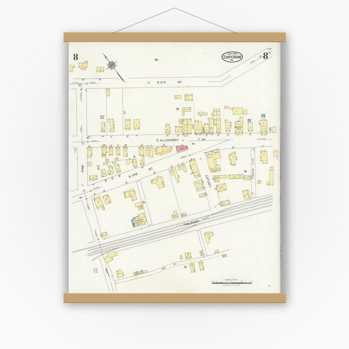 Old map wall art mockup — magnetic wood frame on white wall — Sanborn Fire Insurance Map from Emporium, Cameron County, Pennsylvania (1925), Sheet #0008