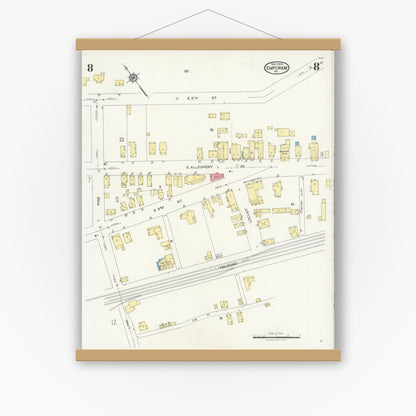 Old map wall art mockup — magnetic wood frame on white wall — Sanborn Fire Insurance Map from Emporium, Cameron County, Pennsylvania (1925), Sheet #0008