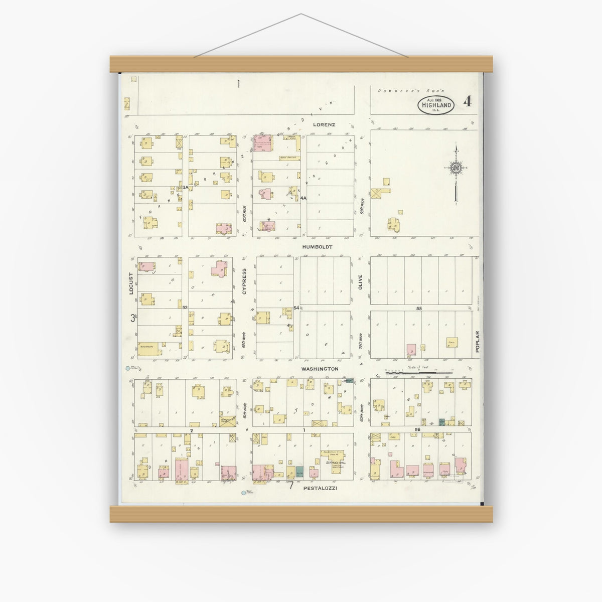 Old map wall art mockup — magnetic wood frame on white wall — Sanborn Fire Insurance Map from Highland, Madison County, Illinois (1908), Sheet #0004