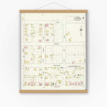 Old map wall art mockup — magnetic wood frame on white wall — Sanborn Fire Insurance Map from Highland, Madison County, Illinois (1908), Sheet #0004
