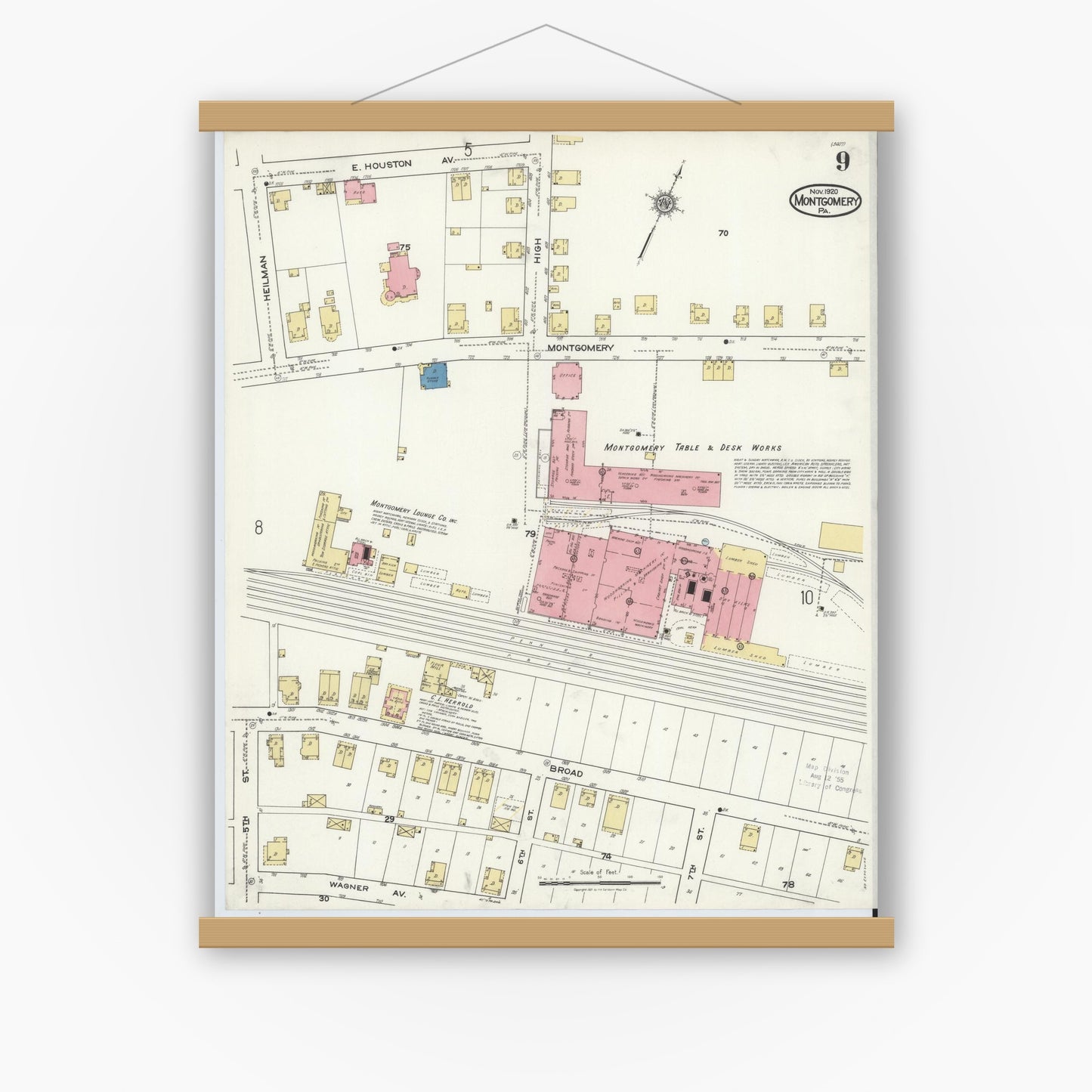 Old map wall art mockup — magnetic wood frame on white wall — Sanborn Fire Insurance Map from Montgomery, Lycoming County, Pennsylvania (1920), Sheet #0009
