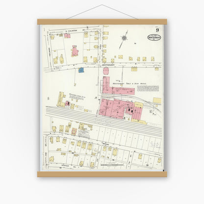 Old map wall art mockup — magnetic wood frame on white wall — Sanborn Fire Insurance Map from Montgomery, Lycoming County, Pennsylvania (1920), Sheet #0009