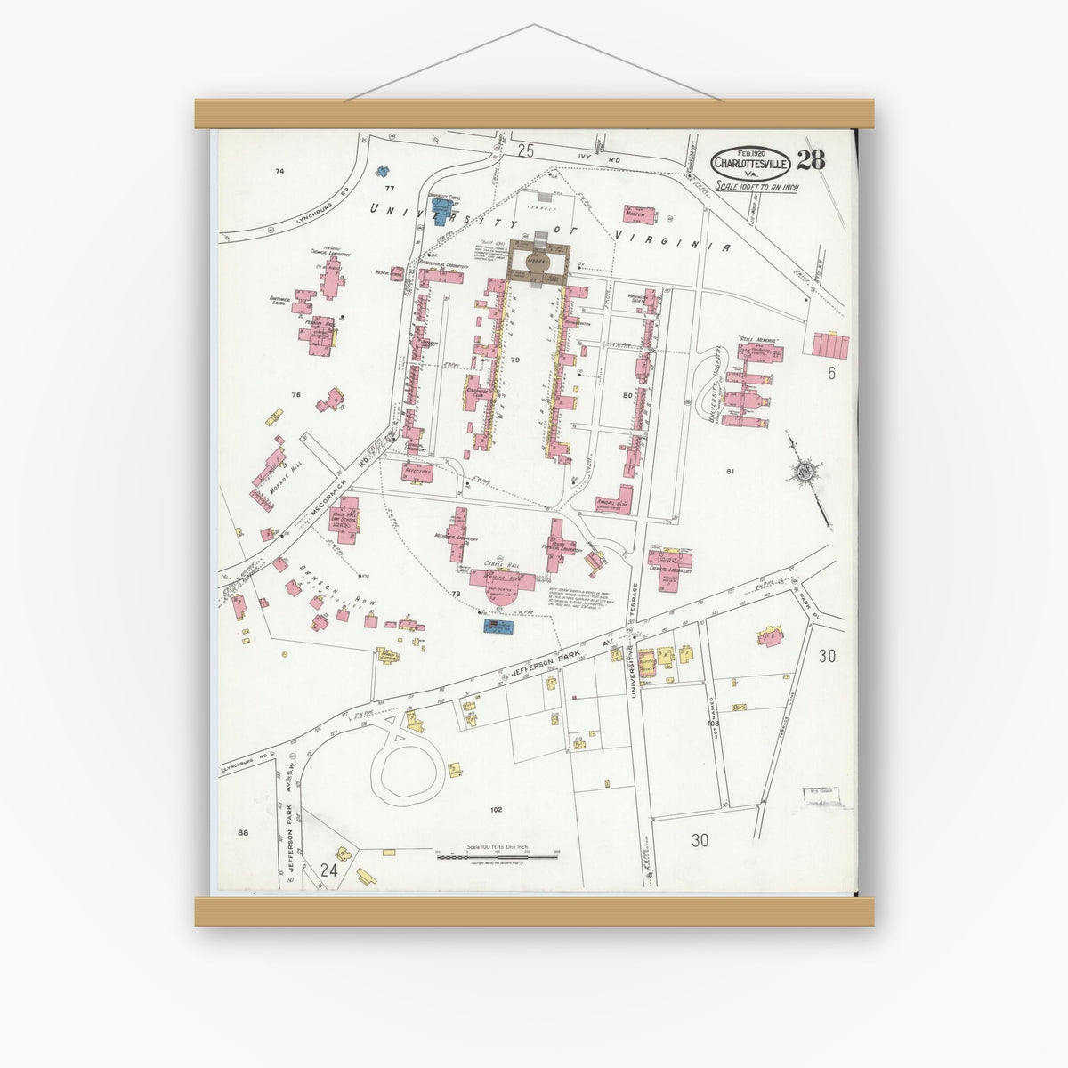 Old map wall art mockup — magnetic wood frame on white wall — Sanborn Fire Insurance Map from Charlottesville, Independent Cities, Virginia (1920), Sheet #0028
