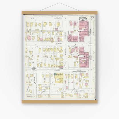 Old map wall art mockup — magnetic wood frame on white wall — Sanborn Fire Insurance Map from Decatur, Macon County, Illinois (1892), Sheet #0010