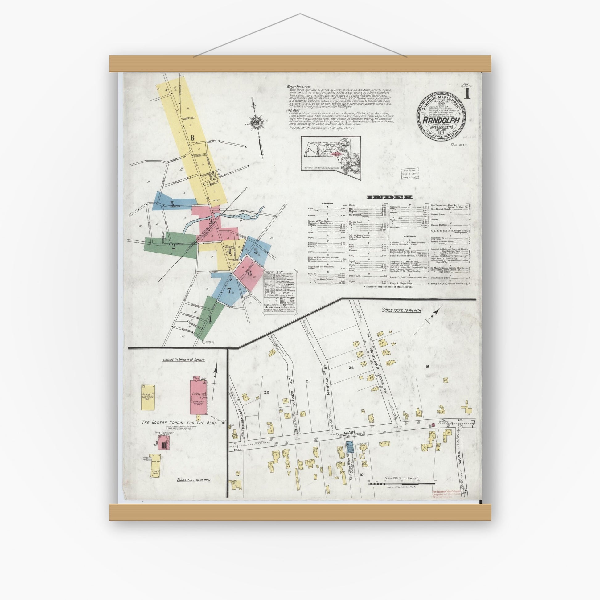 Old map wall art mockup — magnetic wood frame on white wall — Sanborn Fire Insurance Map from Randolph, Norfolk County, Massachusetts (1919) - Complete Map Set