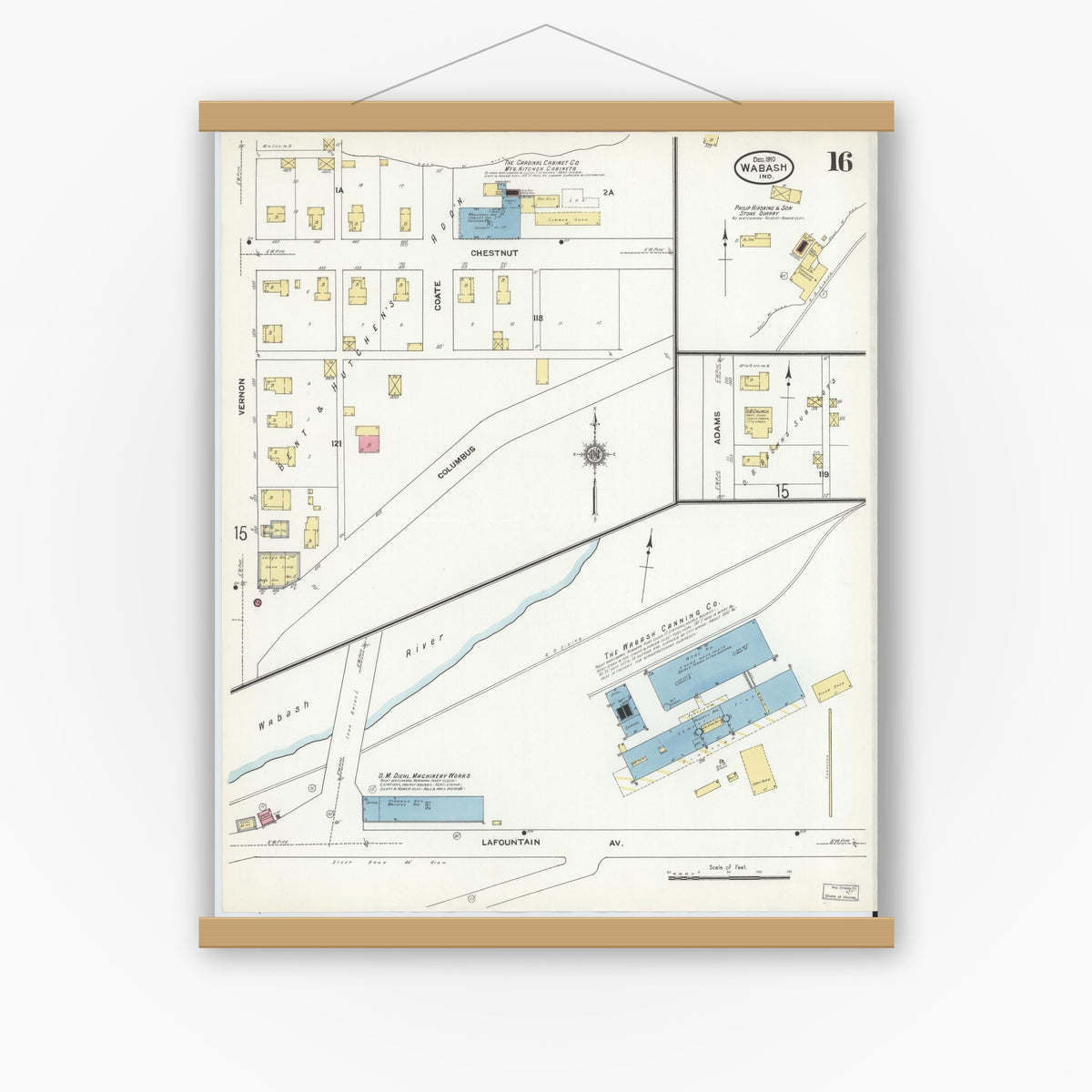 Old map wall art mockup — magnetic wood frame on white wall — Sanborn Fire Insurance Map from Wabash, Wabash County, Indiana (1910), Sheet #0016