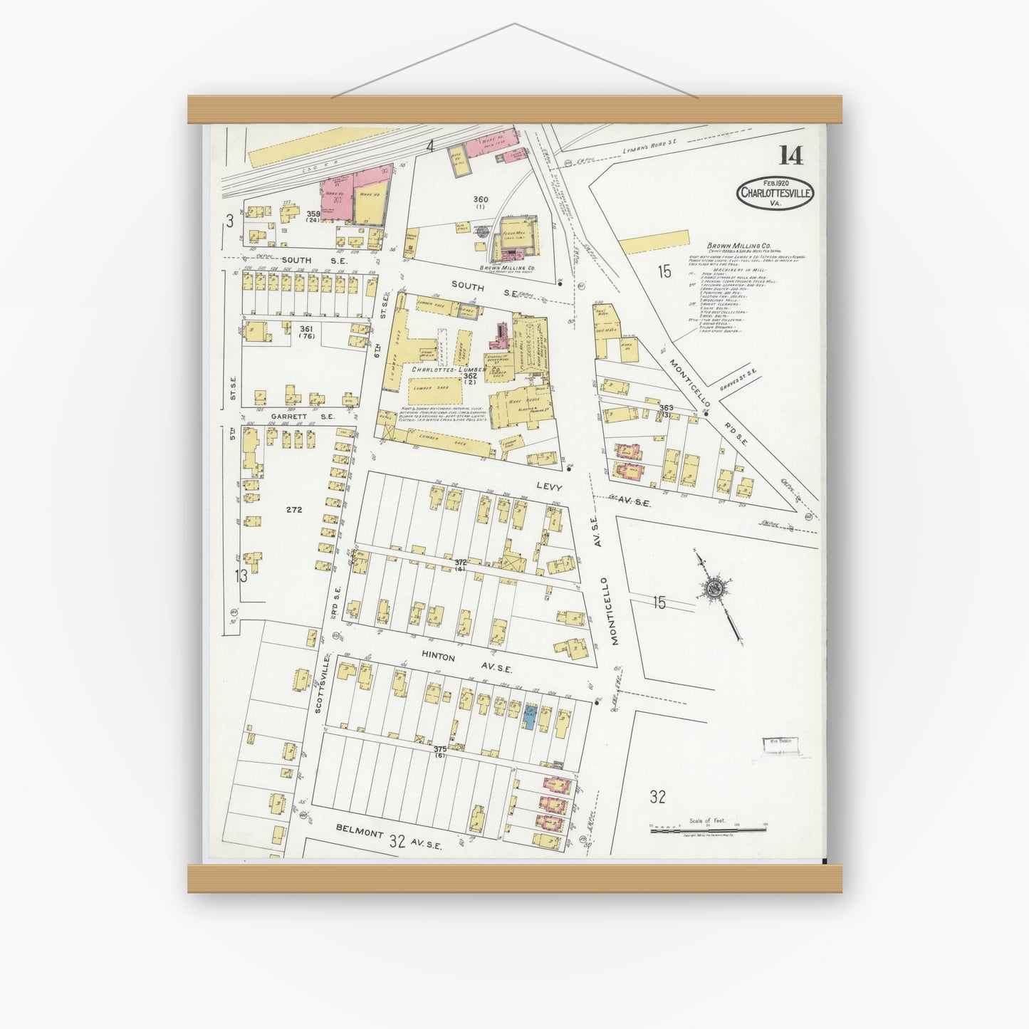 Old map wall art mockup — magnetic wood frame on white wall — Sanborn Fire Insurance Map from Charlottesville, Independent Cities, Virginia (1920), Sheet #0014