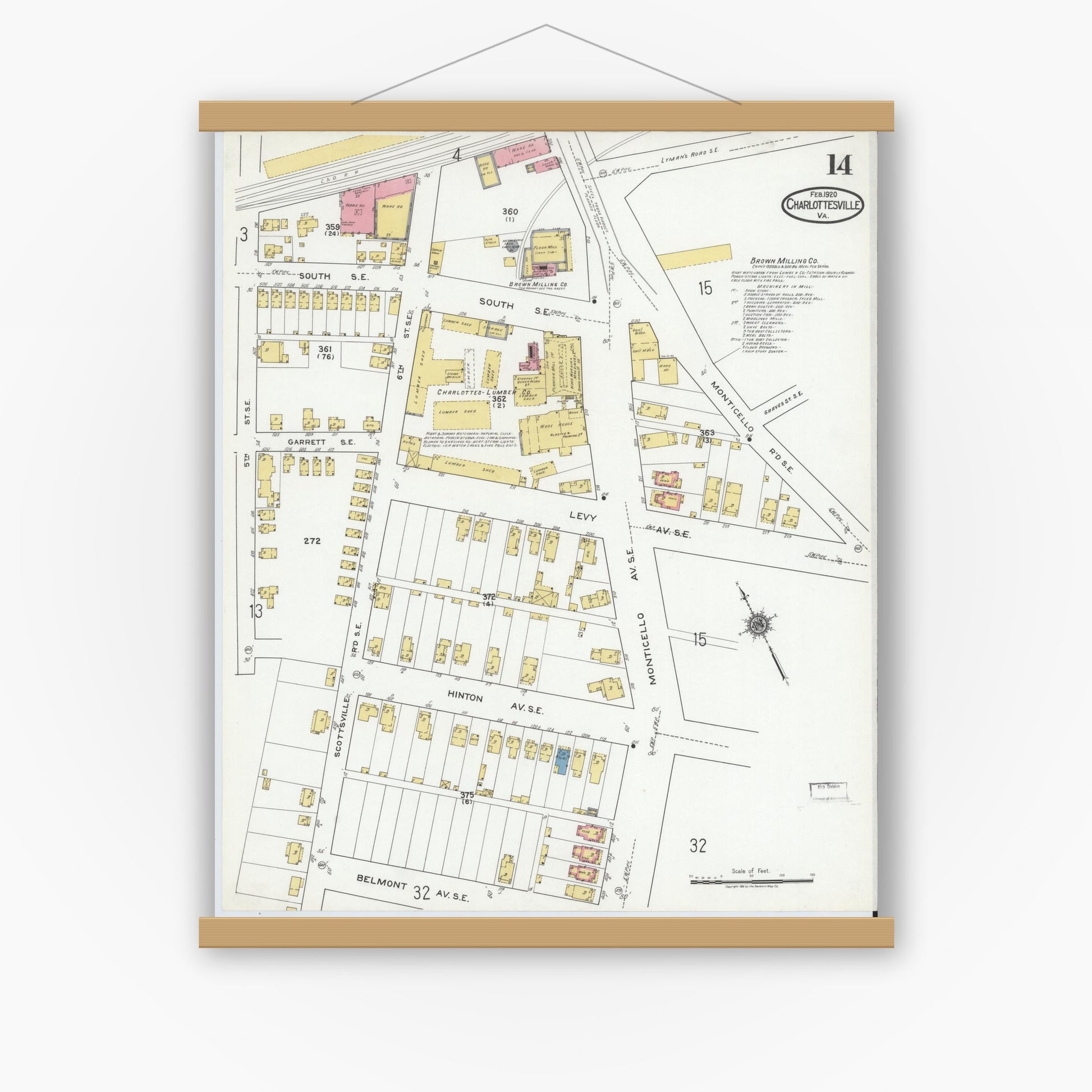 Old map wall art mockup — magnetic wood frame on white wall — Sanborn Fire Insurance Map from Charlottesville, Independent Cities, Virginia (1920), Sheet #0014