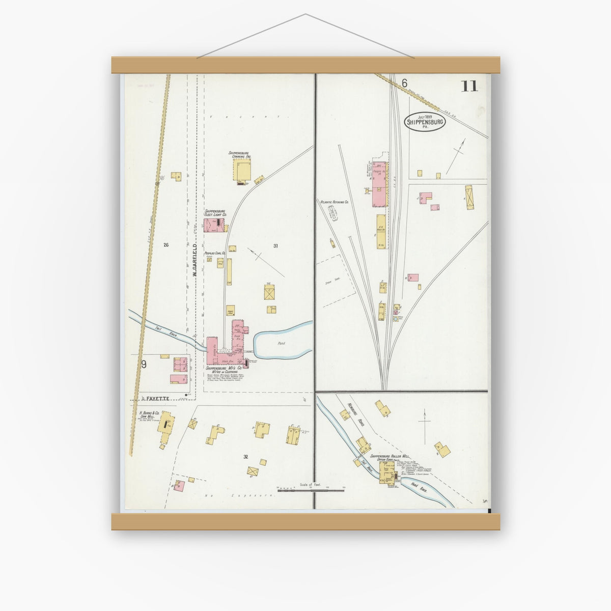 Old map wall art mockup — magnetic wood frame on white wall — Sanborn Fire Insurance Map from Shippensburg, Cumberland And Franklin Counties, Pennsylvania (1899), Sheet #0011