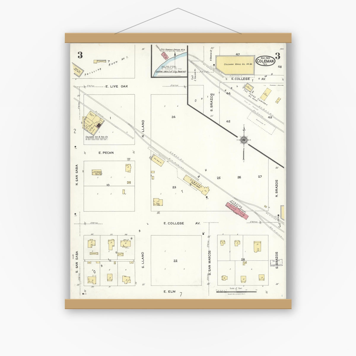 Old map wall art mockup — magnetic wood frame on white wall — Sanborn Fire Insurance Map from Coleman, Coleman County, Texas (1923), Sheet #0003