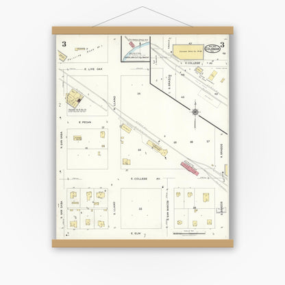 Old map wall art mockup — magnetic wood frame on white wall — Sanborn Fire Insurance Map from Coleman, Coleman County, Texas (1923), Sheet #0003