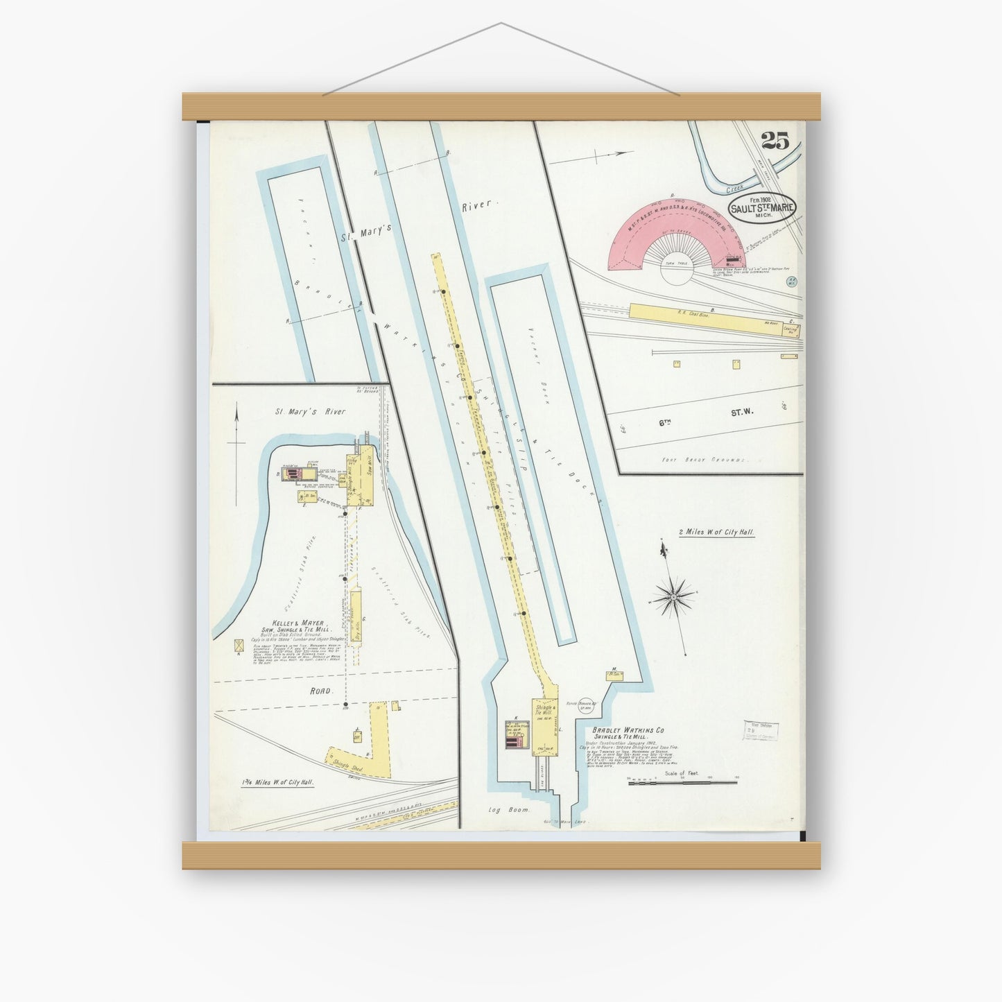 Old map wall art mockup — magnetic wood frame on white wall — Sanborn Fire Insurance Map from Sault Sainte Marie, Chippewa County, Michigan (1902), Sheet #0025
