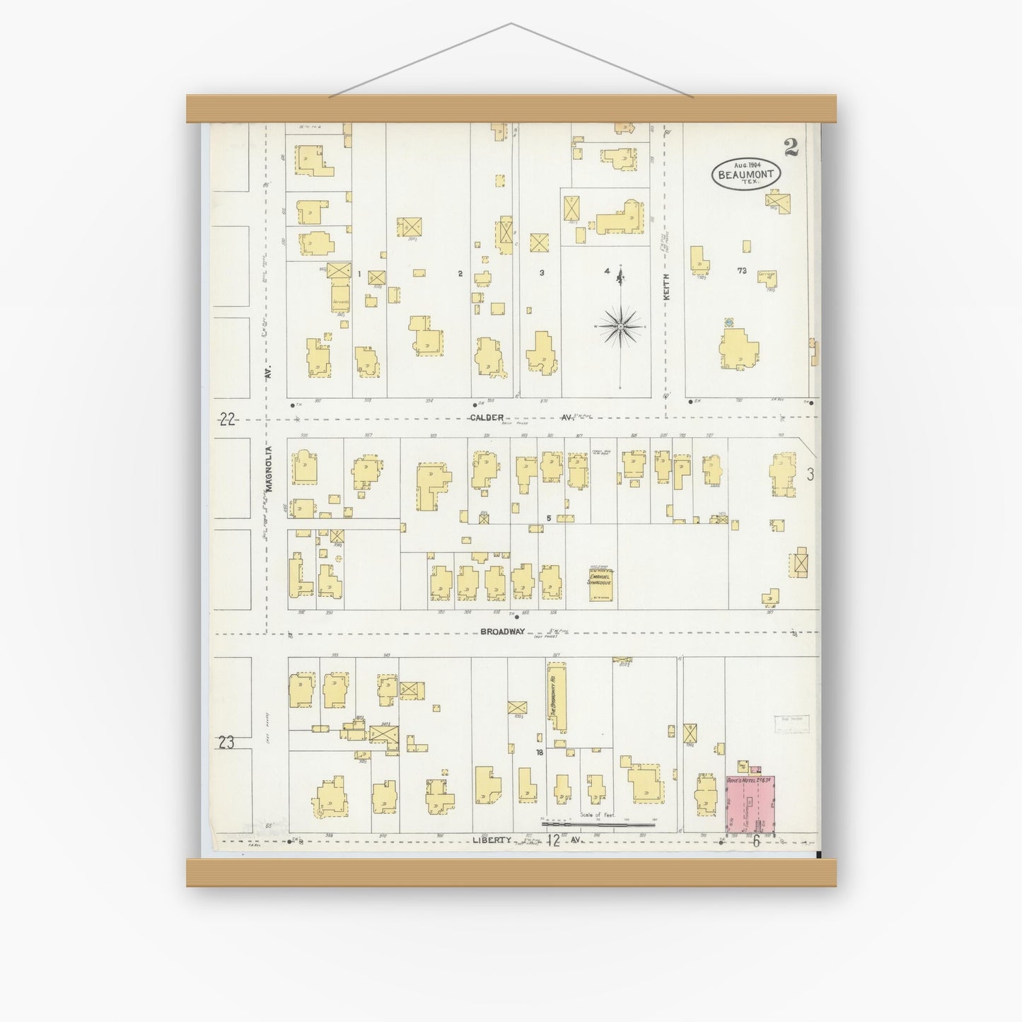 Old map wall art mockup — magnetic wood frame on white wall — Sanborn Fire Insurance Map from Beaumont, Jefferson County, Texas (1904), Sheet #0002