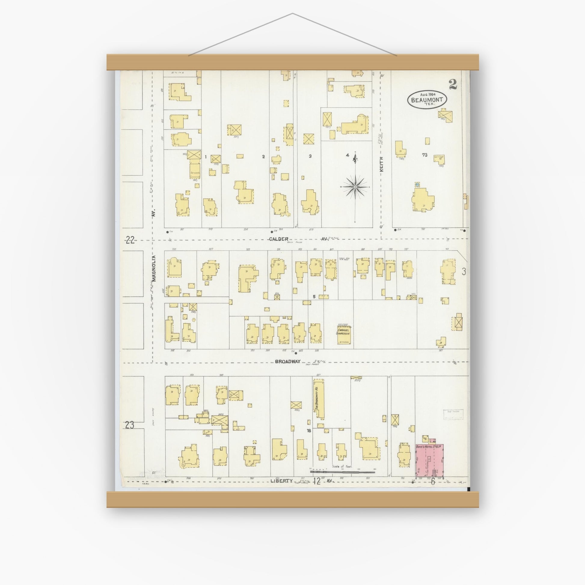 Old map wall art mockup — magnetic wood frame on white wall — Sanborn Fire Insurance Map from Beaumont, Jefferson County, Texas (1904), Sheet #0002