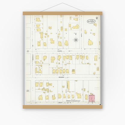 Old map wall art mockup — magnetic wood frame on white wall — Sanborn Fire Insurance Map from Beaumont, Jefferson County, Texas (1904), Sheet #0002