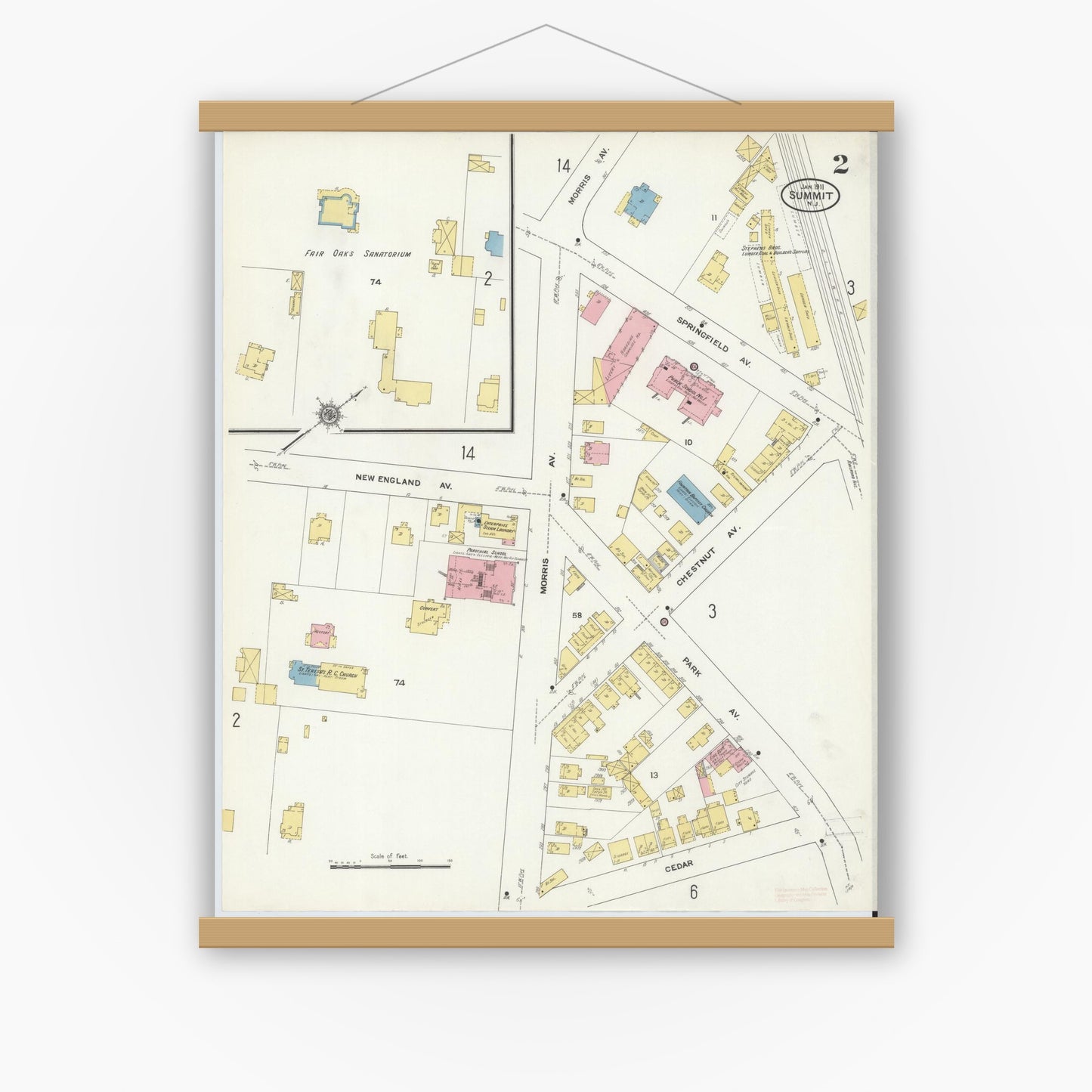 Old map wall art mockup — magnetic wood frame on white wall — Sanborn Fire Insurance Map from Summit, Union County, New Jersey (1911) - Complete Map Set