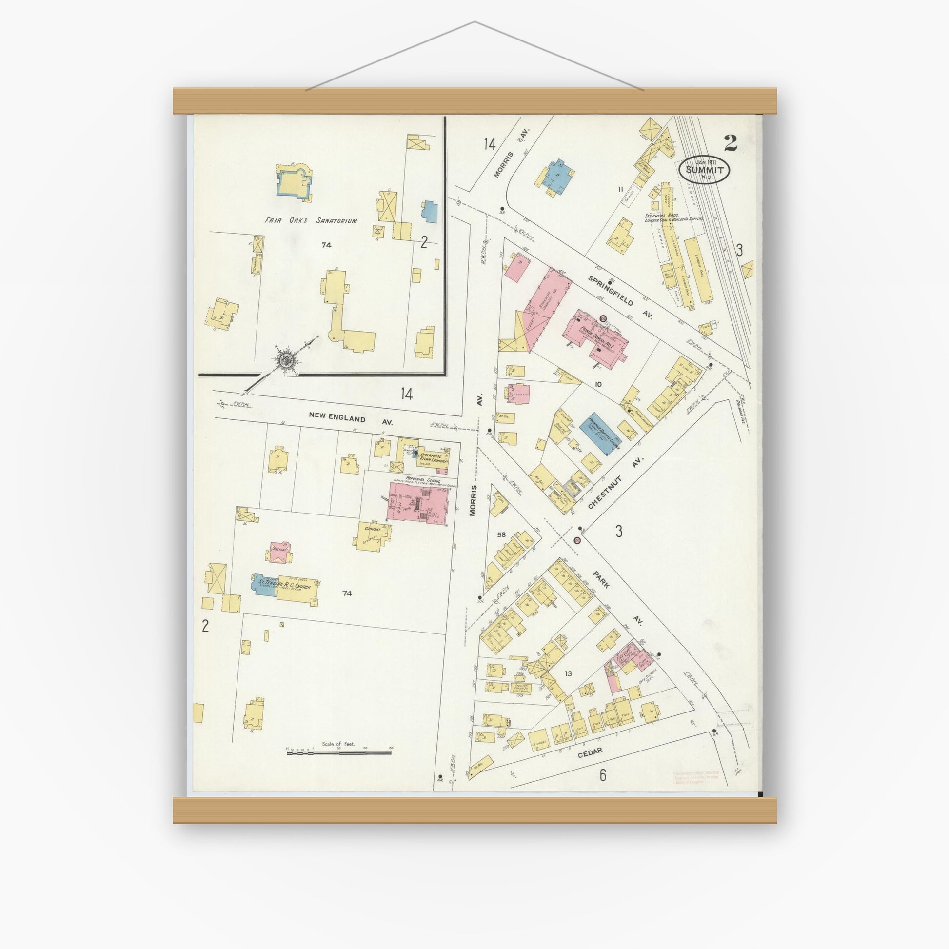 Old map wall art mockup — magnetic wood frame on white wall — Sanborn Fire Insurance Map from Summit, Union County, New Jersey (1911) - Complete Map Set