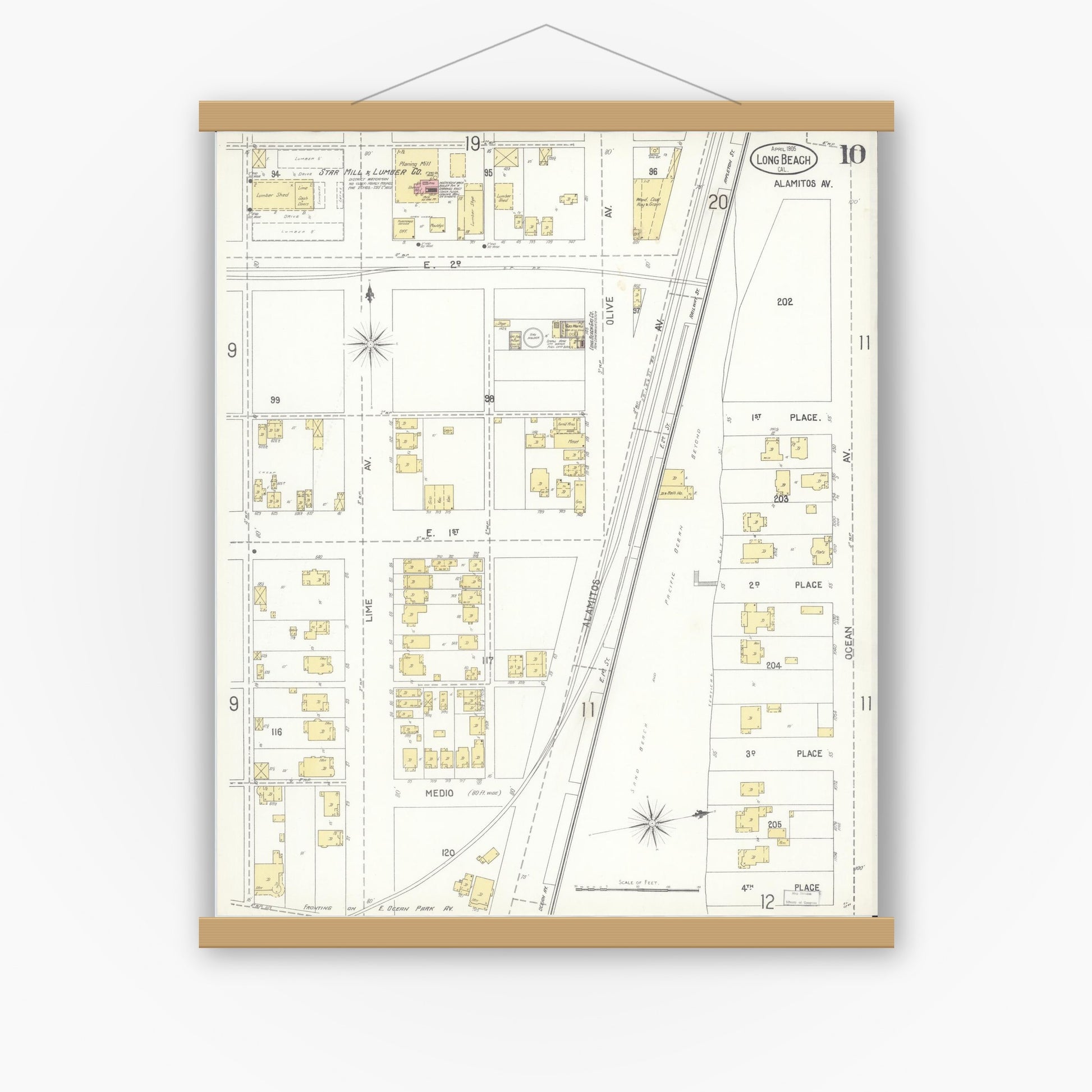 Old map wall art mockup — magnetic wood frame on white wall — Sanborn Fire Insurance Map from Long Beach, Los Angeles County, California (1905), Sheet #0010