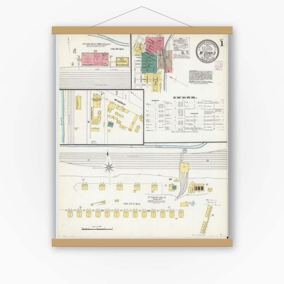 Old map wall art mockup — magnetic wood frame on white wall — Sanborn Fire Insurance Map from McDonald, Washington County, Pennsylvania (1902) - Complete Map Set