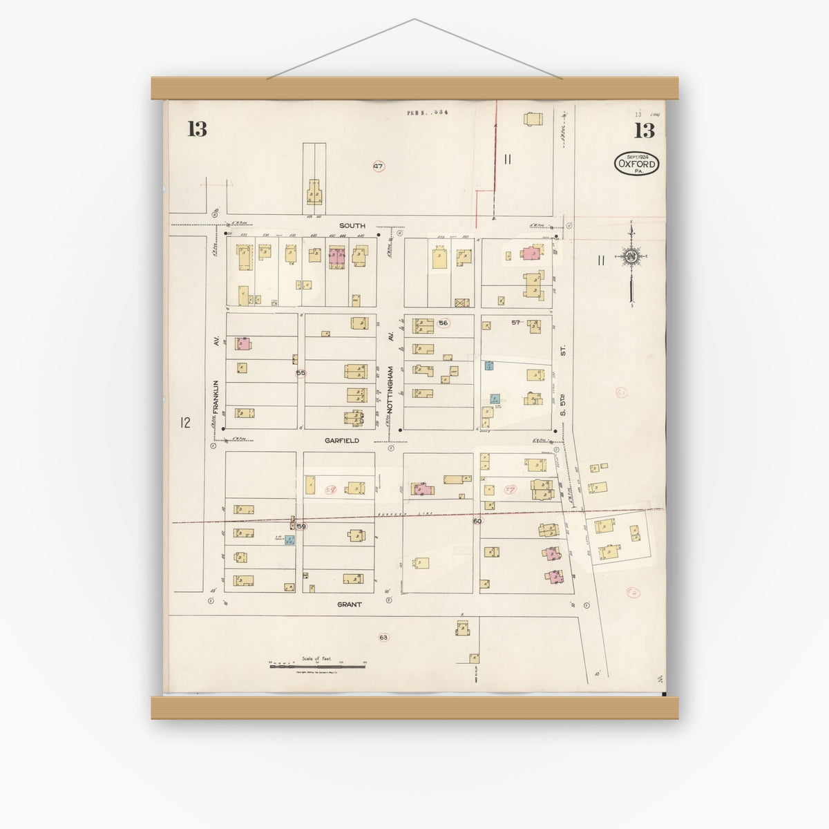 Old map wall art mockup — magnetic wood frame on white wall — Sanborn Fire Insurance Map from Oxford, Chester County, Pennsylvania (1940), Sheet #0013