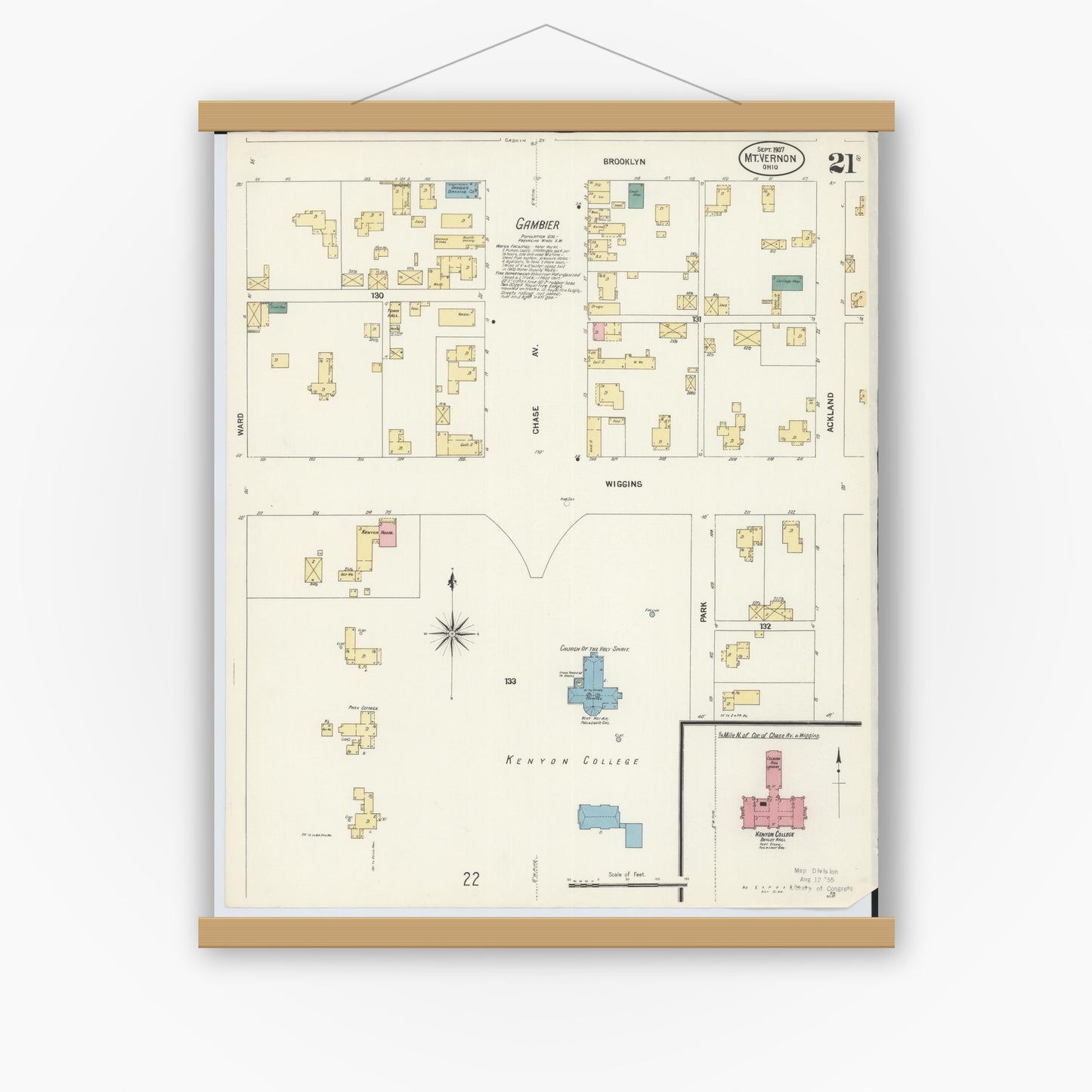 Old map wall art mockup — magnetic wood frame on white wall — Sanborn Fire Insurance Map from Mount Vernon, Knox County, Ohio (1907), Sheet #0021
