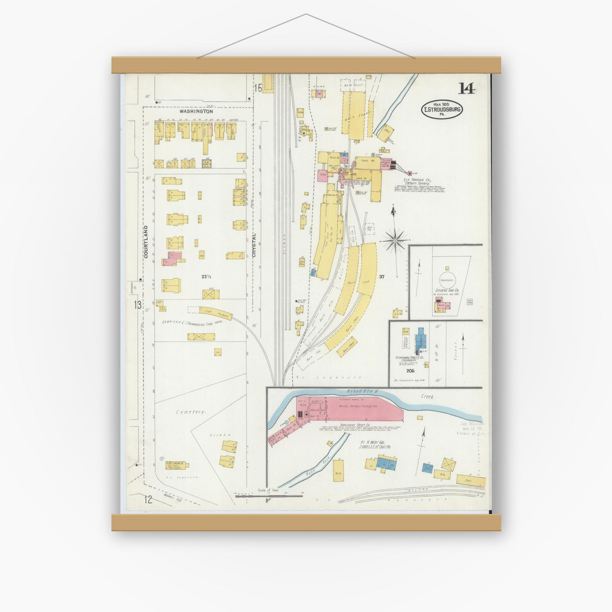 Old map wall art mockup — magnetic wood frame on white wall — Sanborn Fire Insurance Map from Stroudsburg, Monroe County, Pennsylvania (1905), Sheet #0014