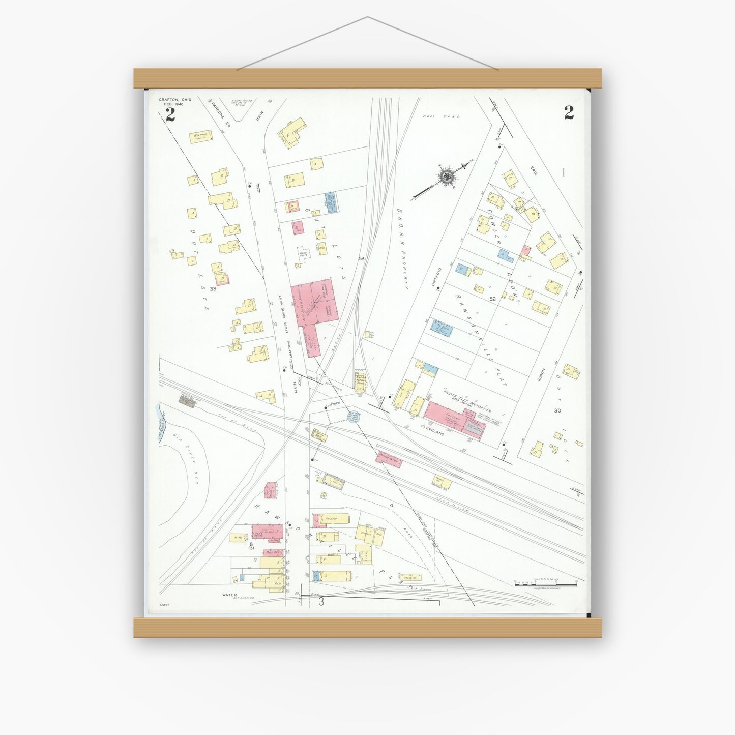 Old map wall art mockup — magnetic wood frame on white wall — Sanborn Fire Insurance Map from Grafton, Lorain County, Ohio (1946), Sheet #0002