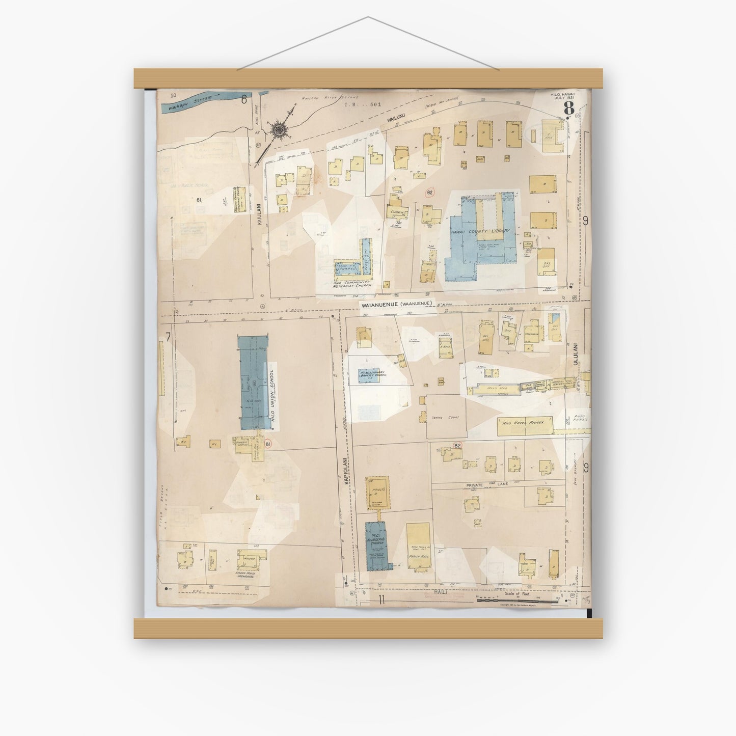 Old map wall art mockup — magnetic wood frame on white wall — Sanborn Fire Insurance Map from Hilo, Hawaii County, Hawaii (1957), Sheet #0008