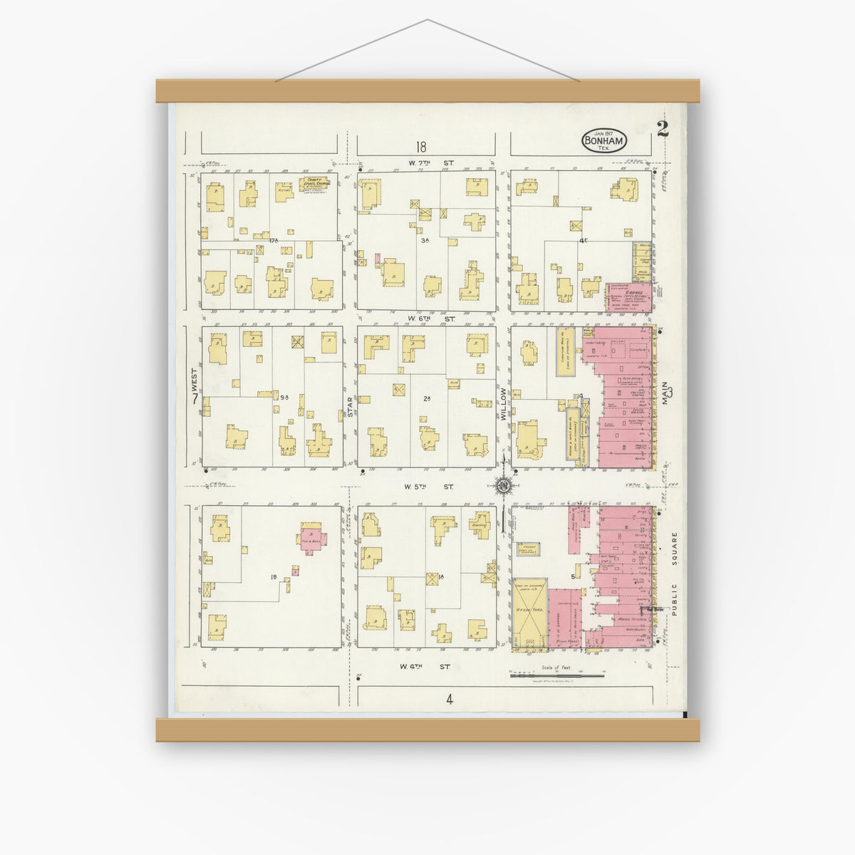 Old map wall art mockup — magnetic wood frame on white wall — Sanborn Fire Insurance Map from Bonham, Fannin County, Texas (1917), Sheet #0002