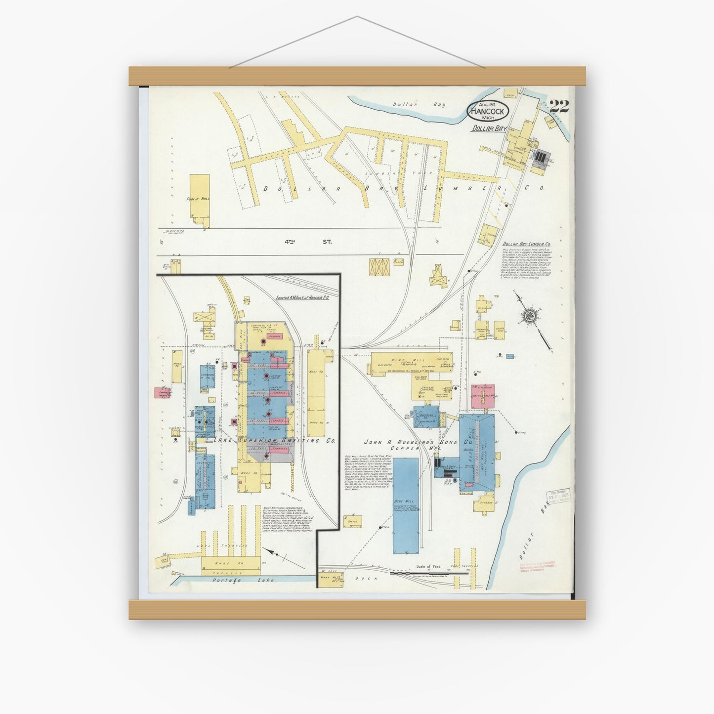 Old map wall art mockup — magnetic wood frame on white wall — Sanborn Fire Insurance Map from Hancock, Houghton County, Michigan (1917), Sheet #0022