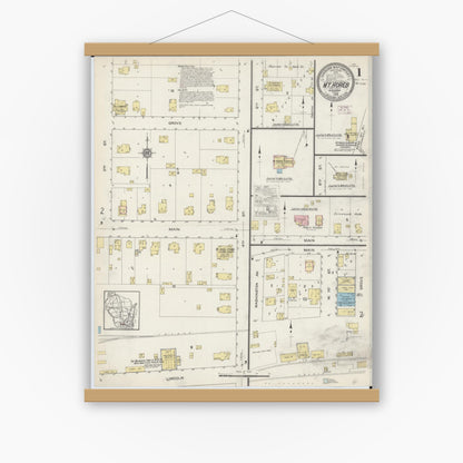 Old map wall art mockup — magnetic wood frame on white wall — Sanborn Fire Insurance Map from Mount Horeb, Dane County, Wisconsin (1915) - Complete Map Set