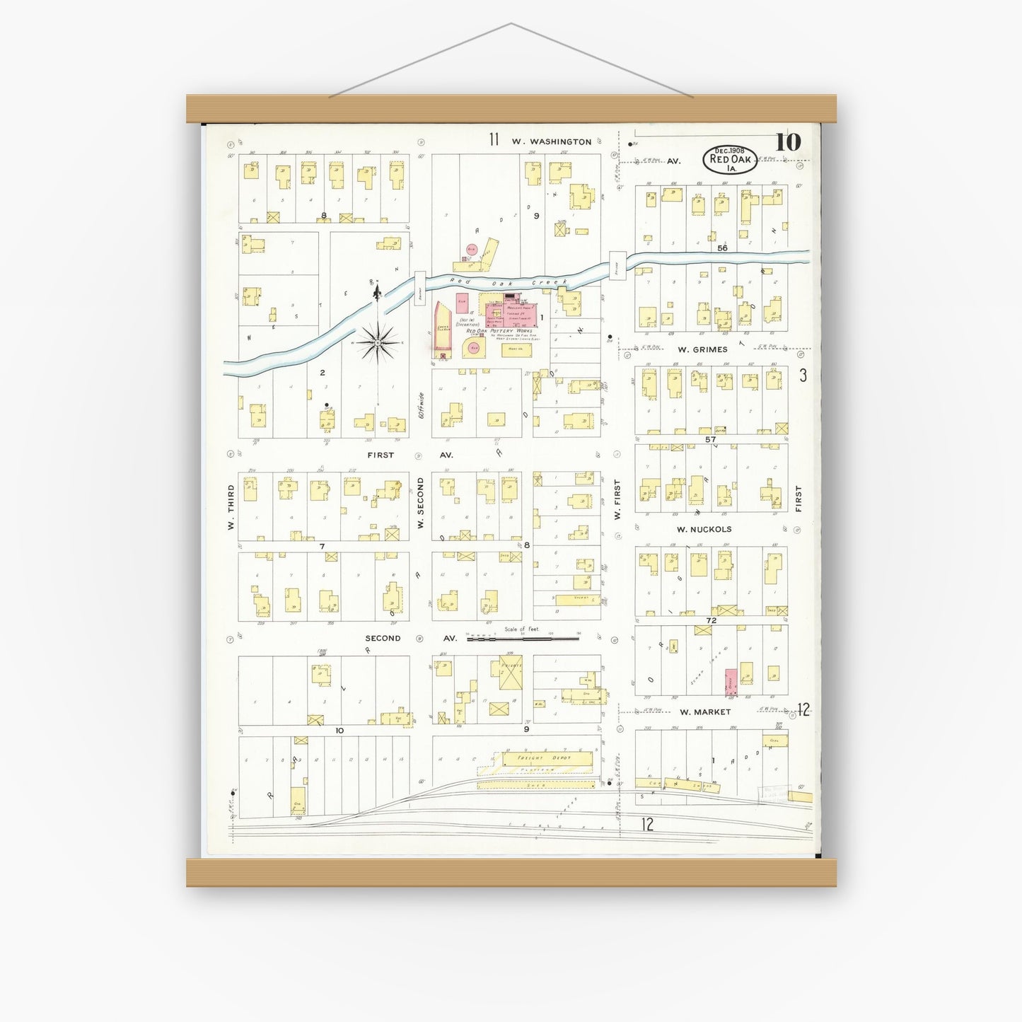 Old map wall art mockup — magnetic wood frame on white wall — Sanborn Fire Insurance Map from Red Oak, Montgomery County, Iowa (1908), Sheet #0010