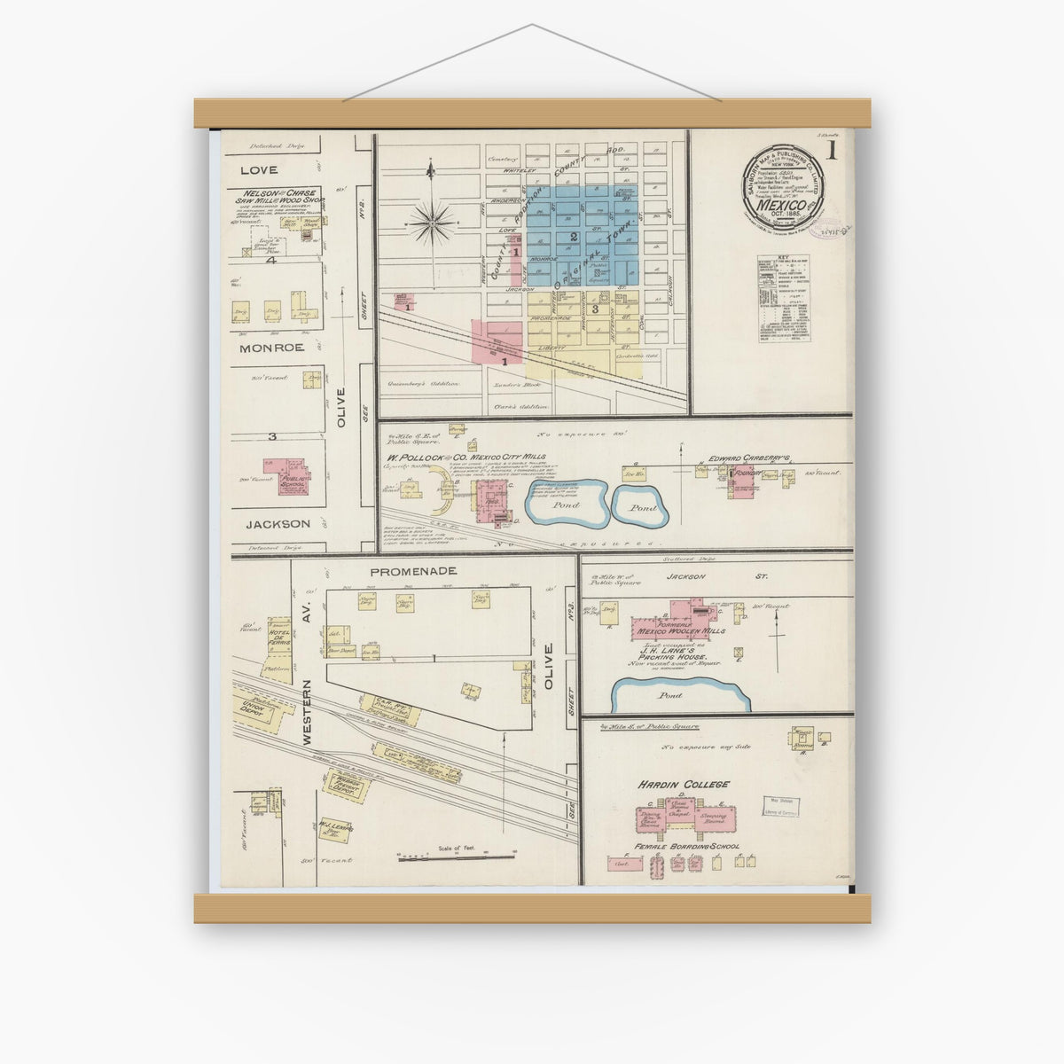 Old map wall art mockup — magnetic wood frame on white wall — Sanborn Fire Insurance Map from Mexico, Audrain County, Missouri (1885), Sheet #0001