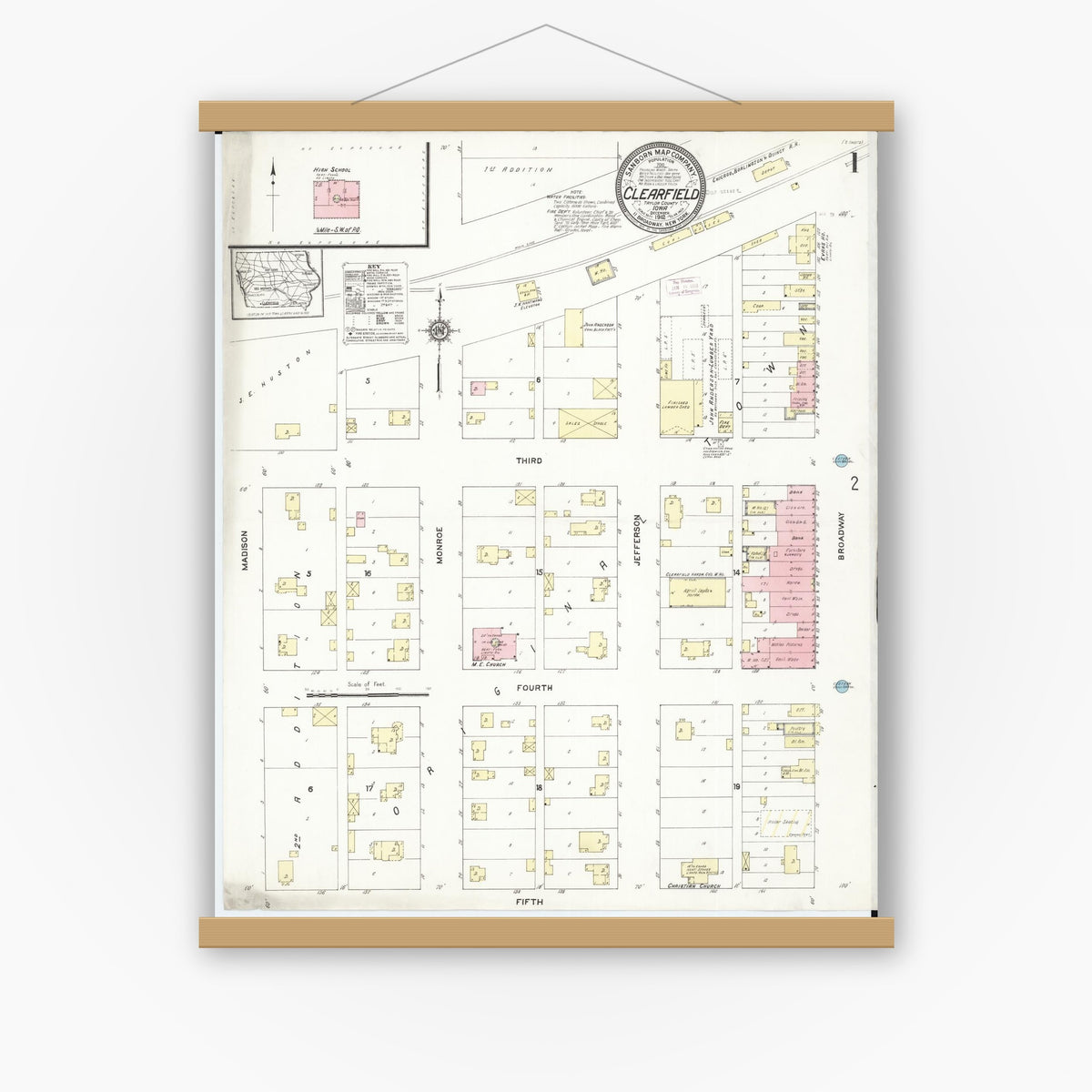 Old map wall art mockup — magnetic wood frame on white wall — Sanborn Fire Insurance Map from Clearfield, Taylor County, Iowa (1912) â€” Complete Set