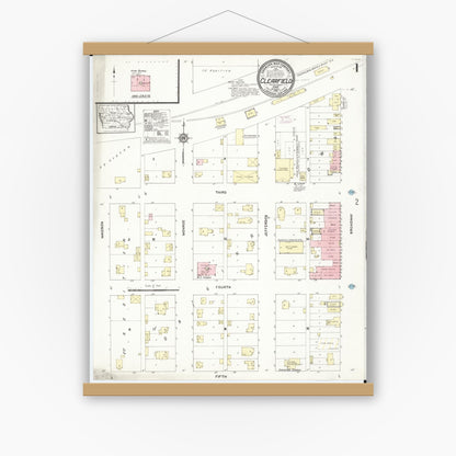 Old map wall art mockup — magnetic wood frame on white wall — Sanborn Fire Insurance Map from Clearfield, Taylor County, Iowa (1912) â€” Complete Set