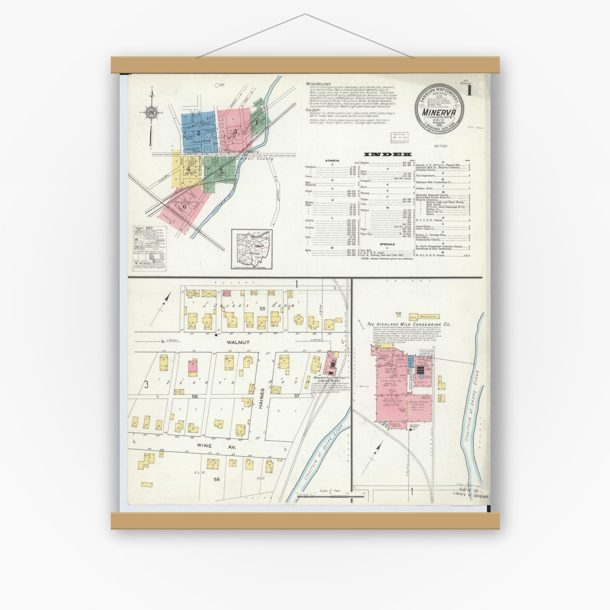 Old map wall art mockup — magnetic wood frame on white wall — Sanborn Fire Insurance Map from Minerva, Stark And Carroll Counties, Ohio (1915), Sheet #0001
