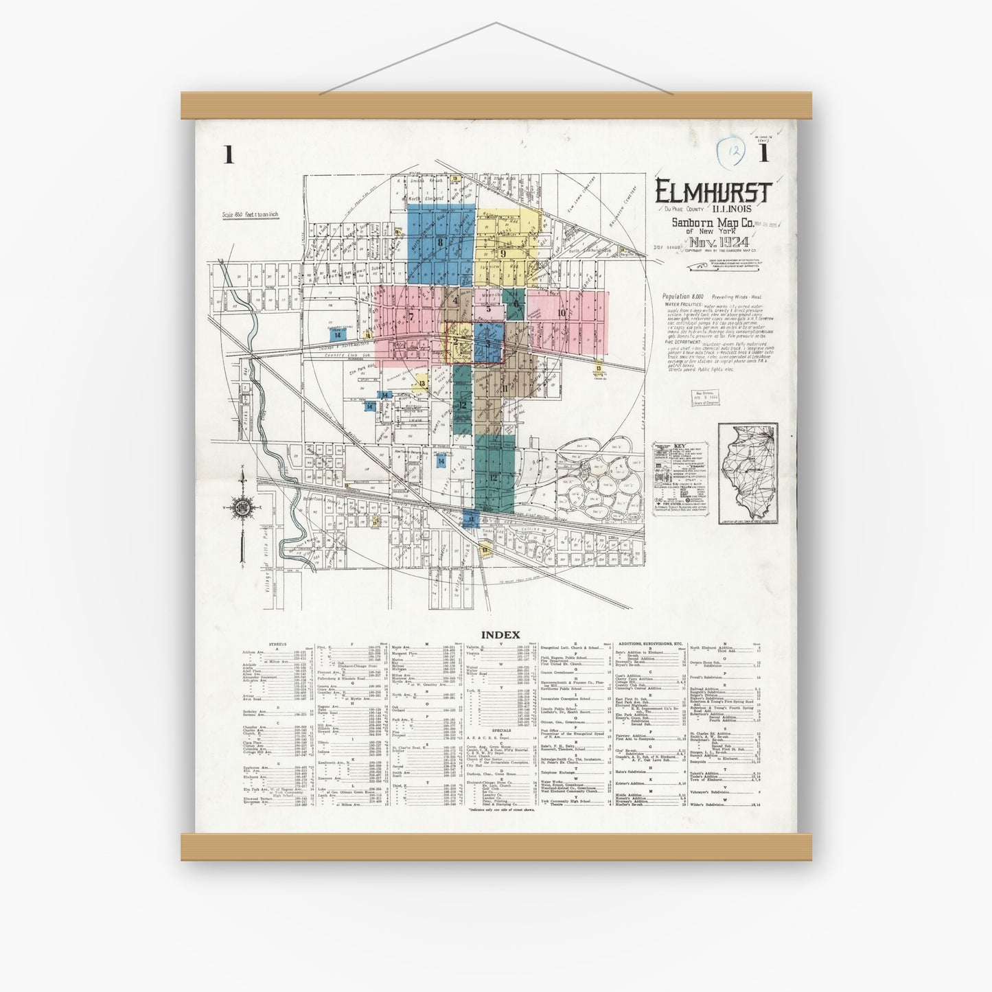 Old map wall art mockup — magnetic wood frame on white wall — Sanborn Fire Insurance Map from Elmhurst, Du Page County, Illinois (1924) - Complete Map Set