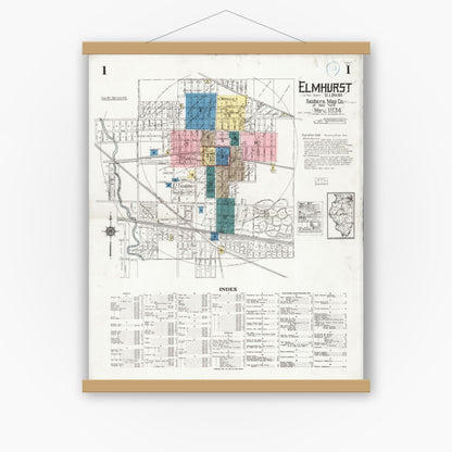 Old map wall art mockup — magnetic wood frame on white wall — Sanborn Fire Insurance Map from Elmhurst, Du Page County, Illinois (1924) - Complete Map Set