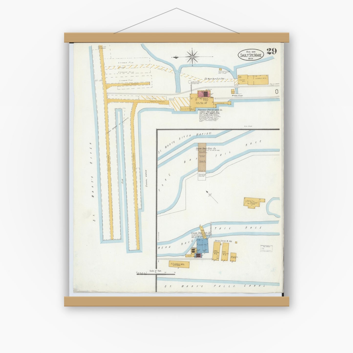 Old map wall art mockup — magnetic wood frame on white wall — Sanborn Fire Insurance Map from Sault Sainte Marie, Chippewa County, Michigan (1906), Sheet #0029