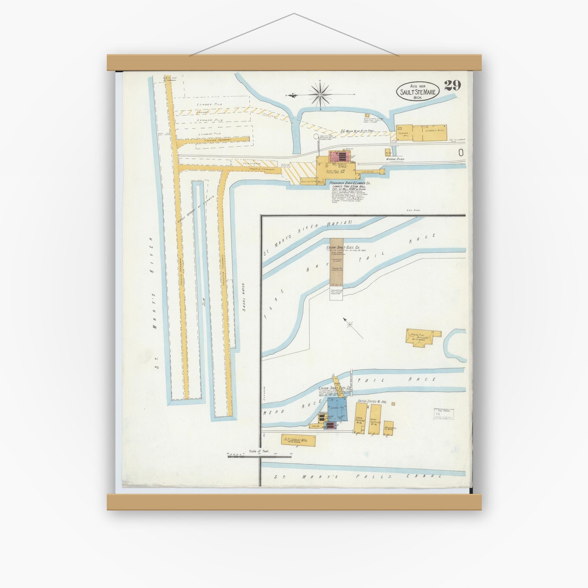 Old map wall art mockup — magnetic wood frame on white wall — Sanborn Fire Insurance Map from Sault Sainte Marie, Chippewa County, Michigan (1906), Sheet #0029