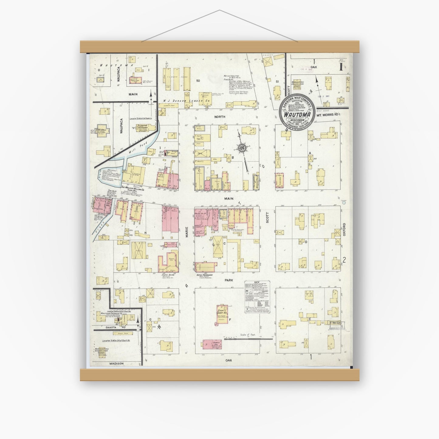 Old map wall art mockup — magnetic wood frame on white wall — Sanborn Fire Insurance Map from Wautoma, Waushara County, Wisconsin (1911) - Complete Map Set