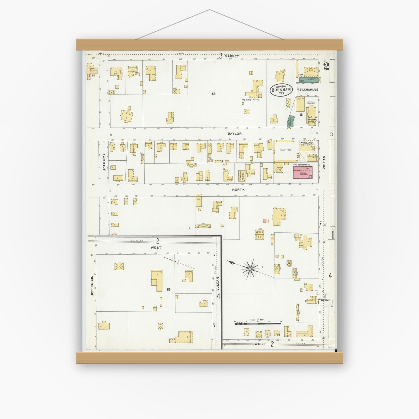 Old map wall art mockup — magnetic wood frame on white wall — Sanborn Fire Insurance Map from Brenham, Washington County, Texas (1906), Sheet #0002