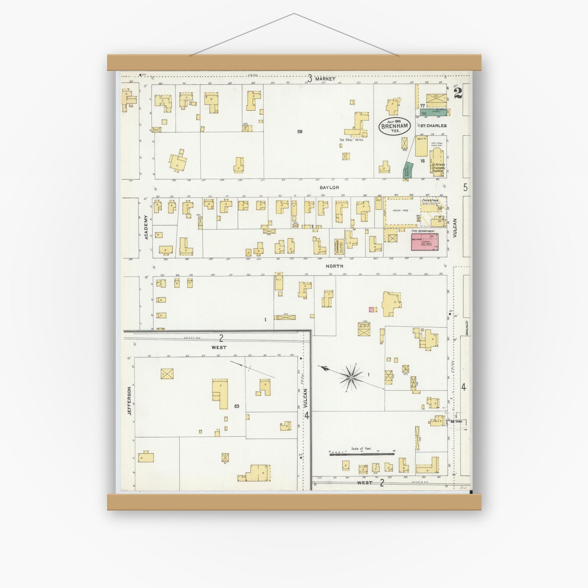 Old map wall art mockup — magnetic wood frame on white wall — Sanborn Fire Insurance Map from Brenham, Washington County, Texas (1906), Sheet #0002