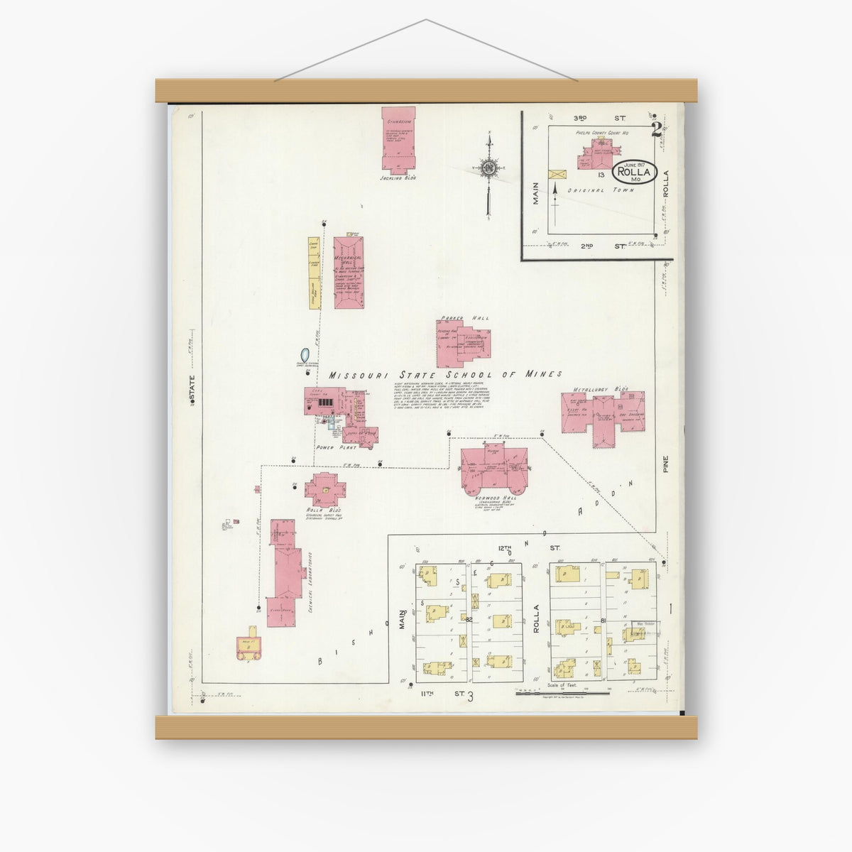 Old map wall art mockup — magnetic wood frame on white wall — Sanborn Fire Insurance Map from Rolla, Phelps County, Missouri (1917), Sheet #0002