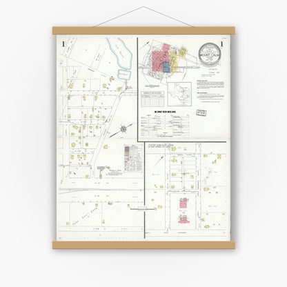 Old map wall art mockup — magnetic wood frame on white wall — Sanborn Fire Insurance Map from Mount Calm, Hill County, Texas (1937), Sheet #0001