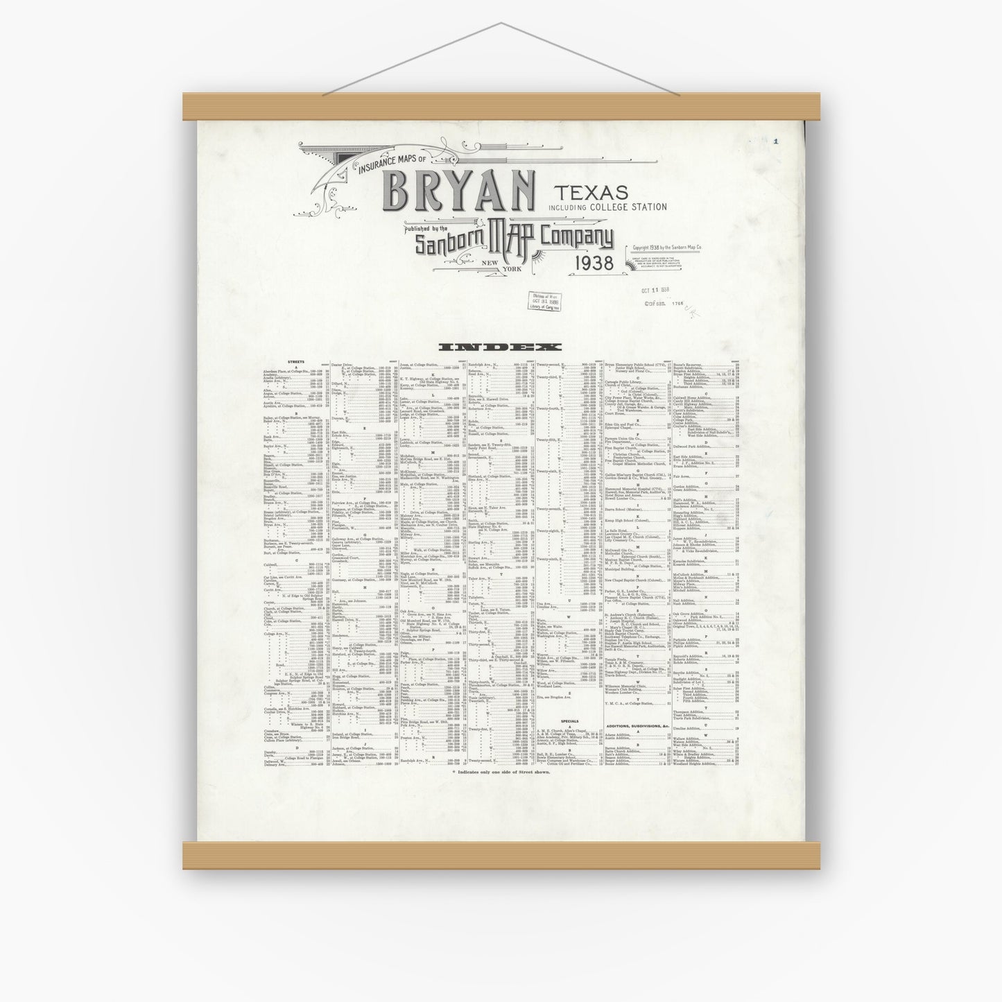Old map wall art mockup — magnetic wood frame on white wall — Sanborn Fire Insurance Map from Bryan, Brazos County, Texas (1938), Sheet #0001