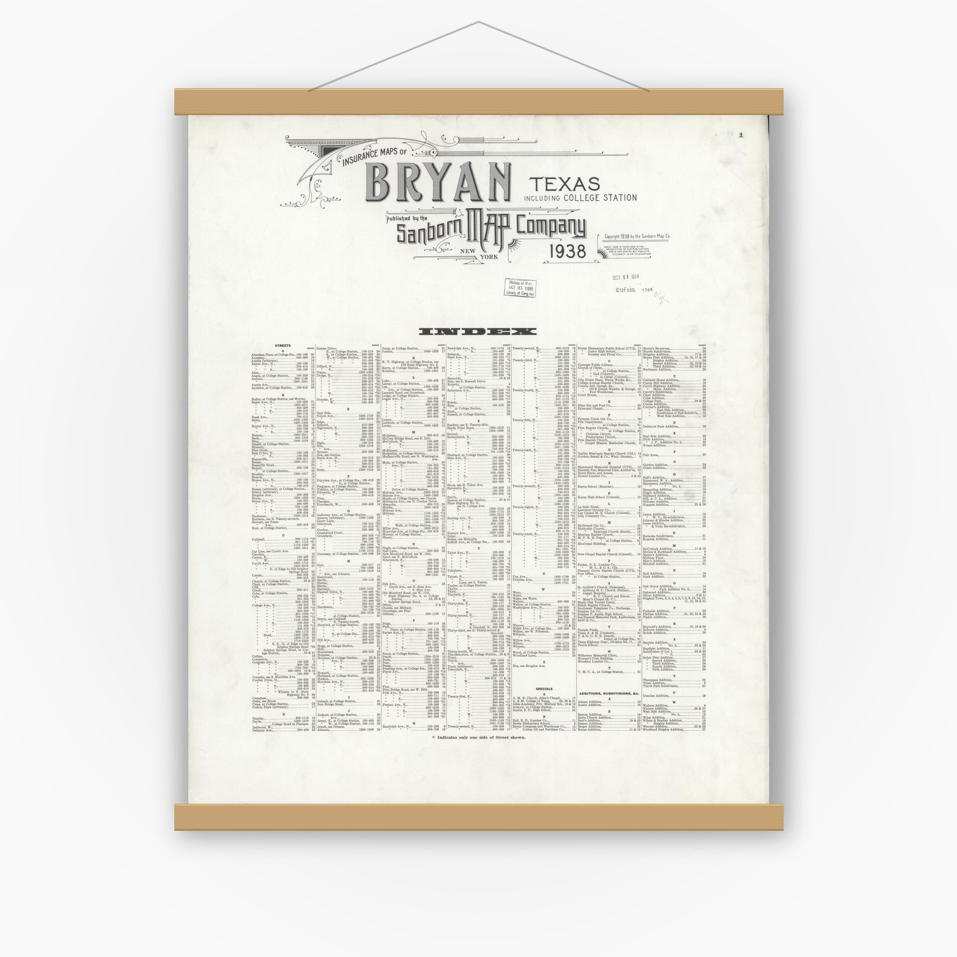 Old map wall art mockup — magnetic wood frame on white wall — Sanborn Fire Insurance Map from Bryan, Brazos County, Texas (1938), Sheet #0001